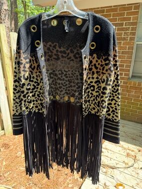 Berek Black & Leopard Fringe Open Cardigan with Gold Eyelets